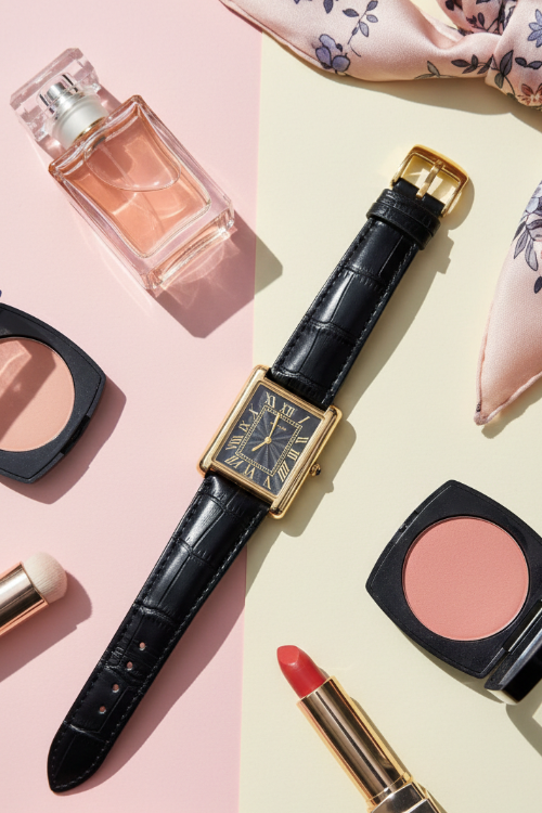 Royal Classic Rectangular Gold & Black Leather Watch