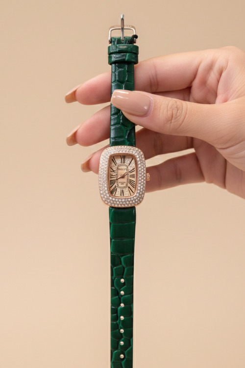 Emerald Luxe Watch – Green Croc Strap & Rose Gold Case