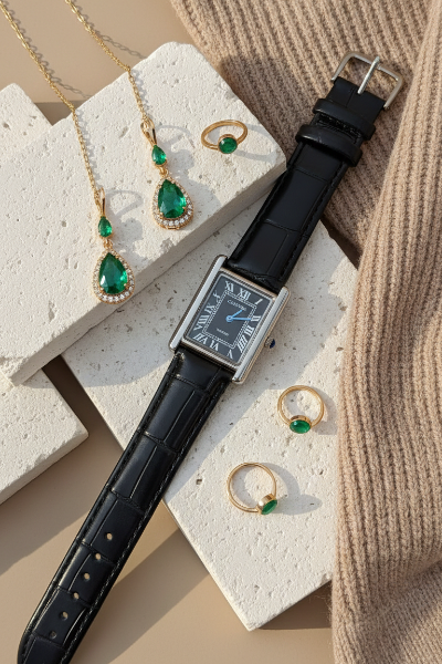 Royal Classic Rectangular Gold & Black Leather Watch