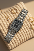 Emerald Luxe Rectangular Silver Watch – Timeless Elegance for Her